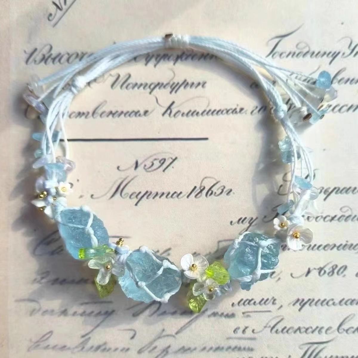 Crystal Net Pouch Handwoven Cord Bracelet (Sweet Floral Charm)
