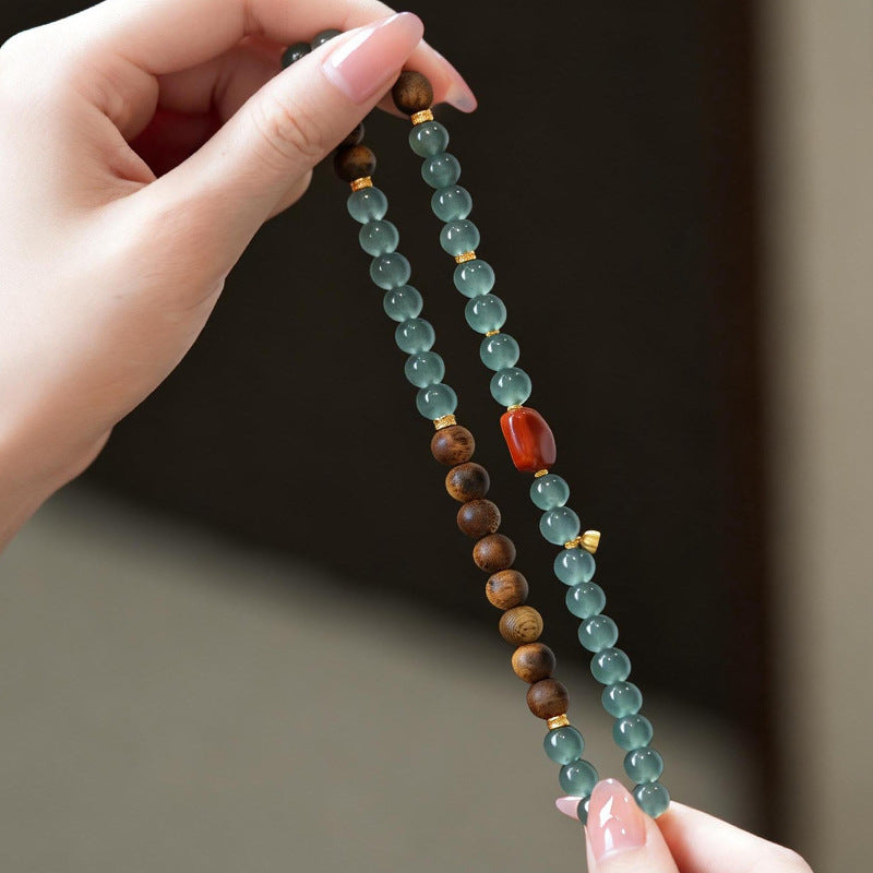 Natural Agarwood & Icy Blue Jadeite Bracelet - Double Wrap Gemstone Beads with Southern Red Agate - Zen Luxury Jewelry for Women