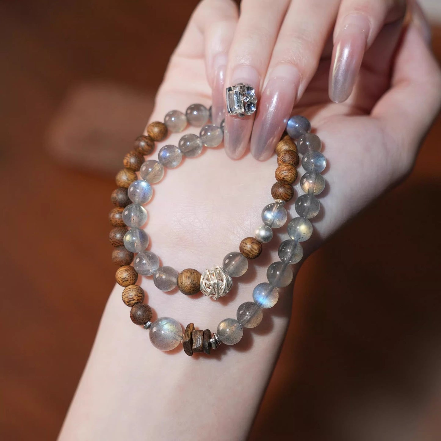 Natural Grey Moonstone & Sandalwood Crystal Bracelet - Double Wrap Lucky Beads for Wealth & Good Fortune - Couple's Jewelry Gift