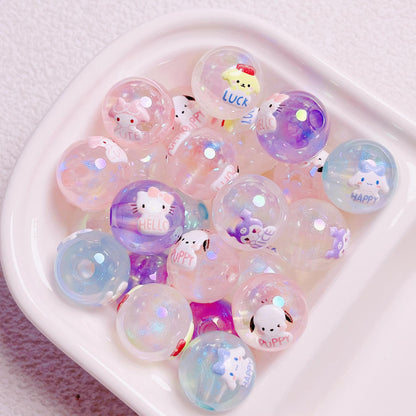 Cartoon Shimmer 3D Printed Sanrio Round Beads | Straight Hole Loose Beads | DIY Phone Charm Bracelet Materials Jewelry Findings