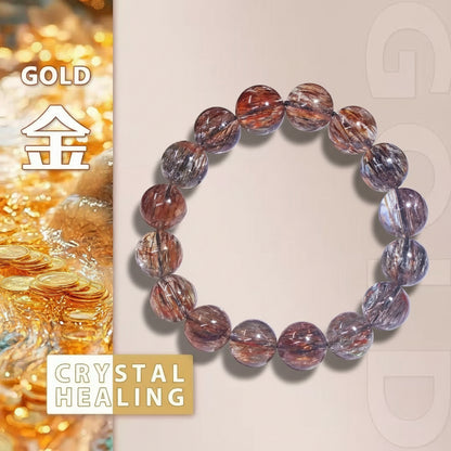 Crystal healing bracelet with gold coins and text on a gradient background
