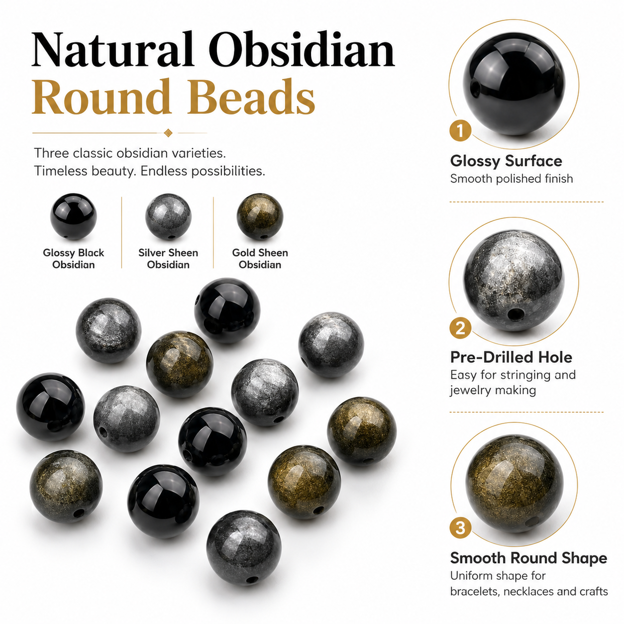 Natural Obsidian Beads: Golden, Silver & Black Sheen | DIY Accent Beads