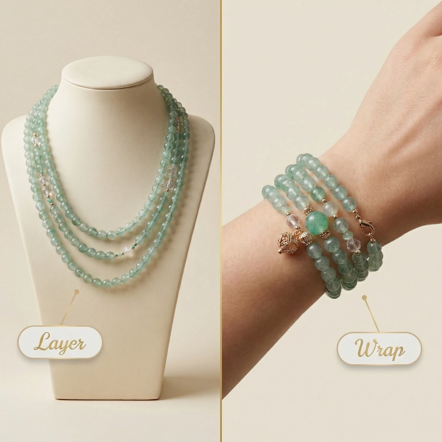 Green Strawberry Quartz Triple-Wrap Bracelet & Necklace