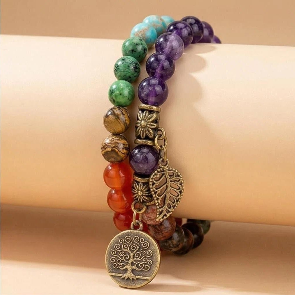 Rainbow Gemstone Bracelet Set — Tree of Life Charm