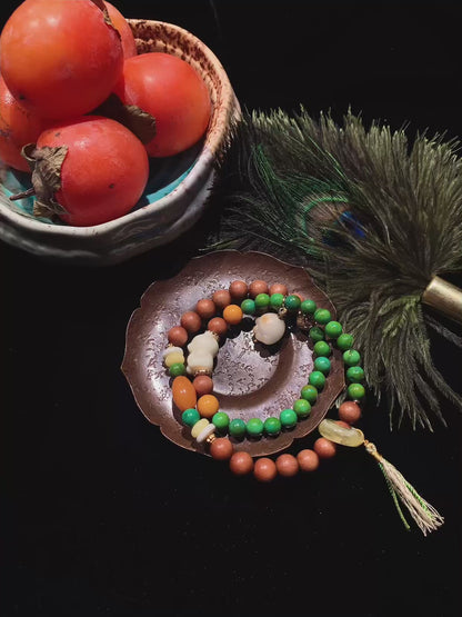 Green Dual-Layer Natural Stone Bracelet with Tassel Charm