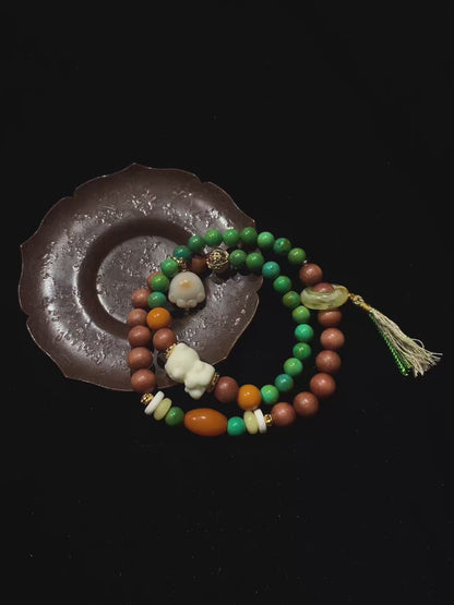 Green Dual-Layer Natural Stone Bracelet with Tassel Charm