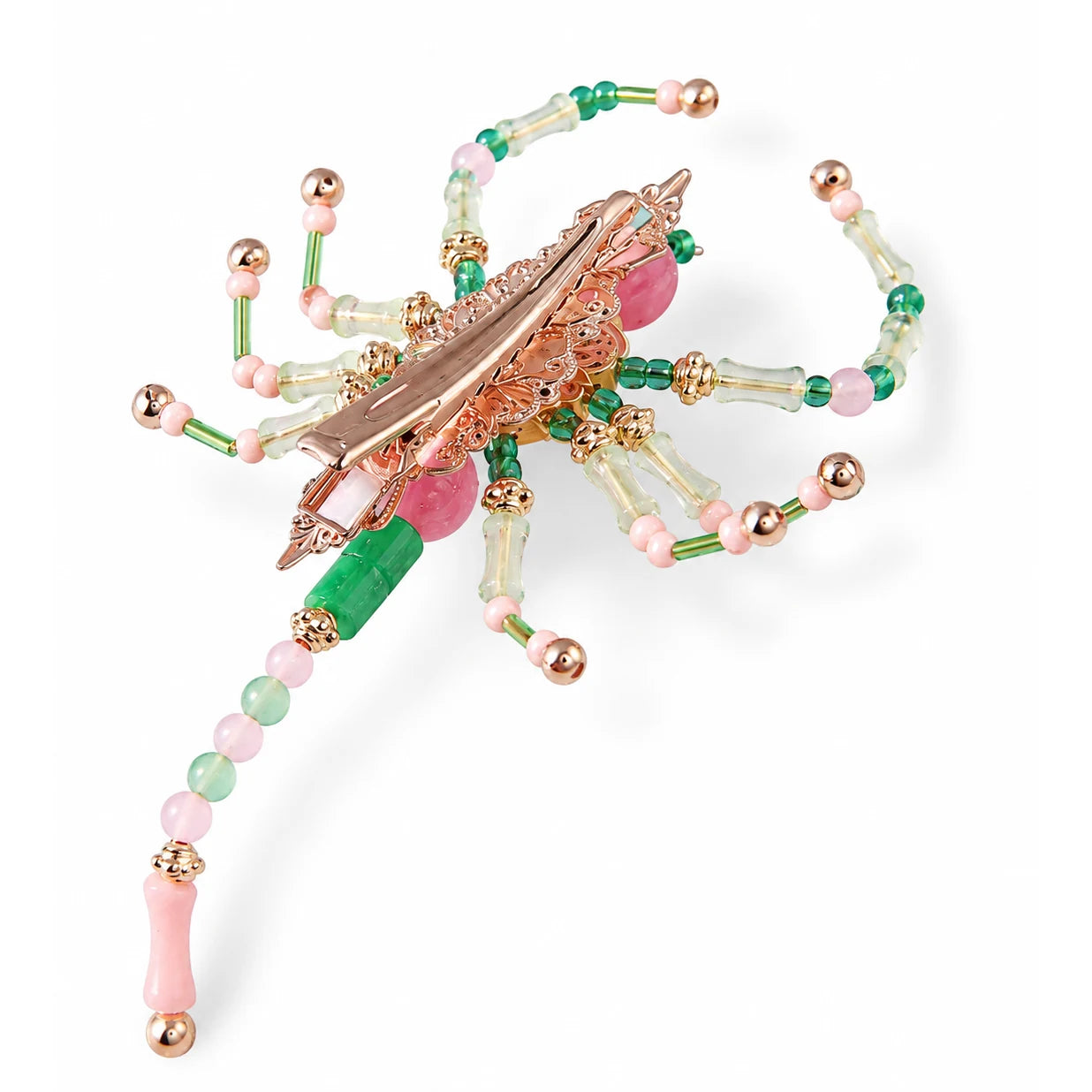 Back view of pink green beaded scorpion hair clip showing the gold-tone metal clip base