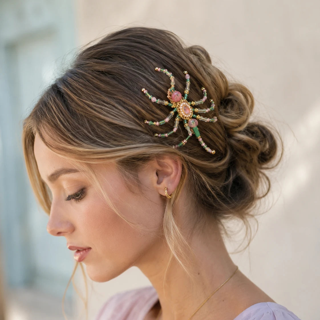 Pink Green Beaded Scorpion Hair Clip with Gold-Tone Detail